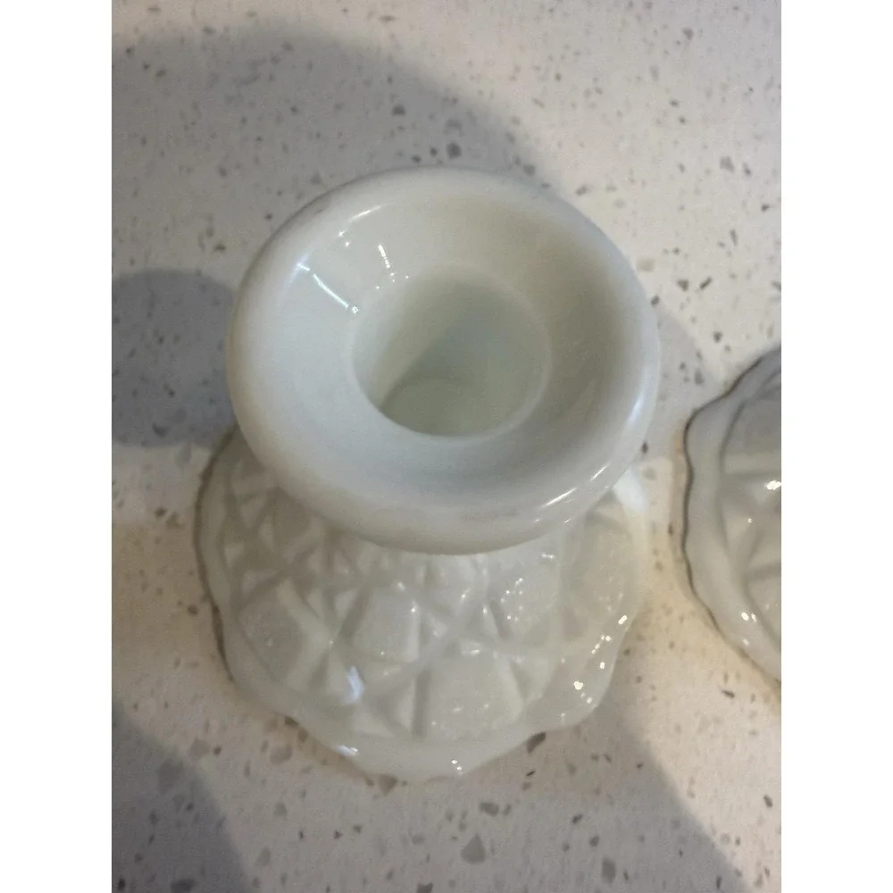 Westmoreland Milk Glass Old Quilt Pair Of  Candle Stick Holders Mid Century